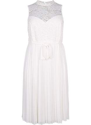 Kjole uten ermer med blonder og plisseringer, Bright White, Packshot image number 0