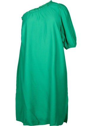 One-shoulder kjole av viskose, Deep Mint, Packshot image number 0