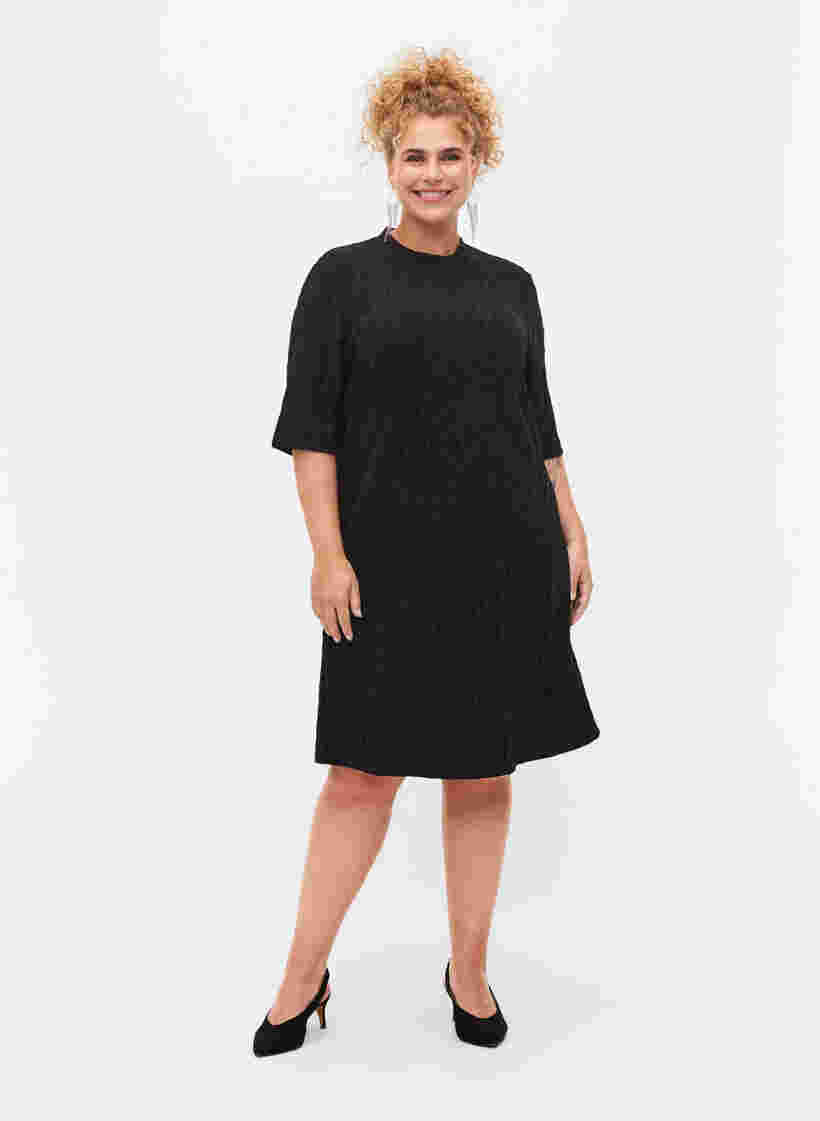 Mønstrete kjole med glitter og korte ermer, Black/Black Lurex, Model image number 2