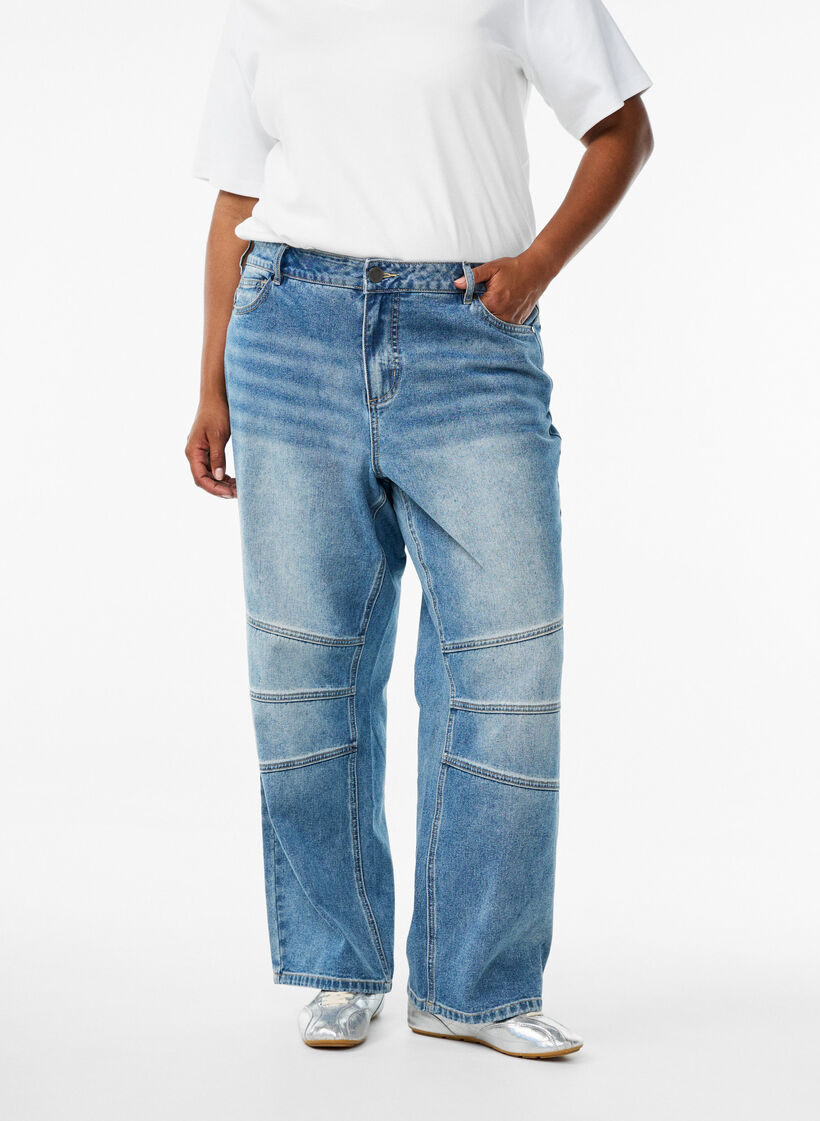 Jeans med vide ben og sømdetaljer, Blue Denim, Model