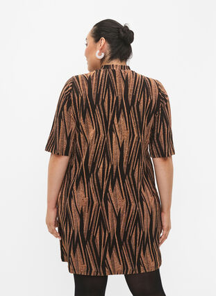 Mønstret kjole med glitter og korte ermer, Black w. Copper, Model image number 1