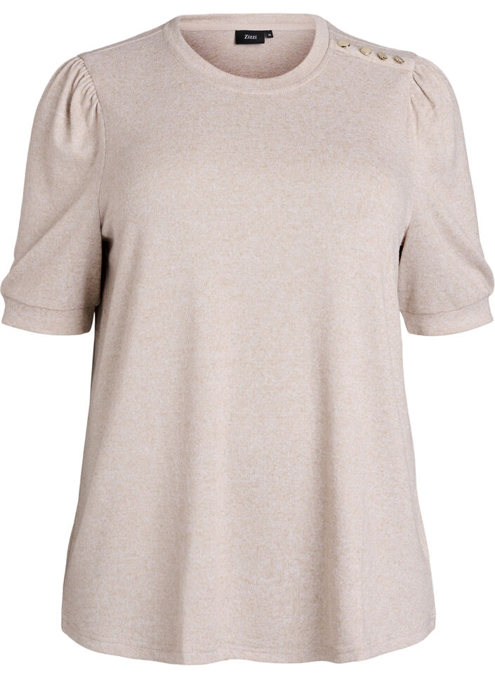 Bluse med knappedetaljer og korte puffermer, Beige, Packshot image number 0