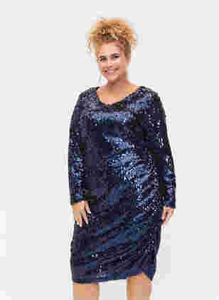 Kjole med paljetter og V-hals, Evening Blue, Model