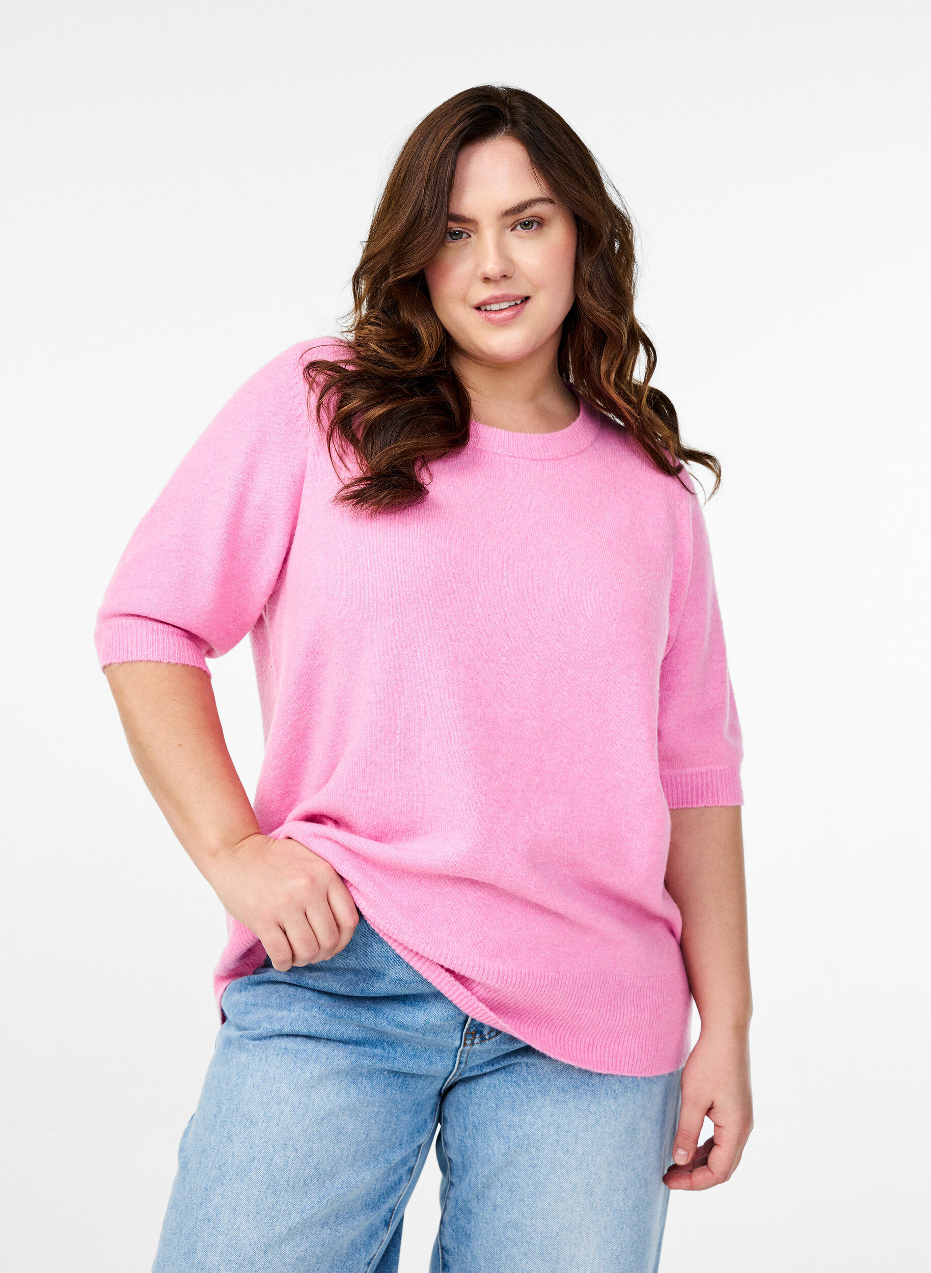 Zizzi Strikket bluse med korte ermer, Rosa, Model image number 0
