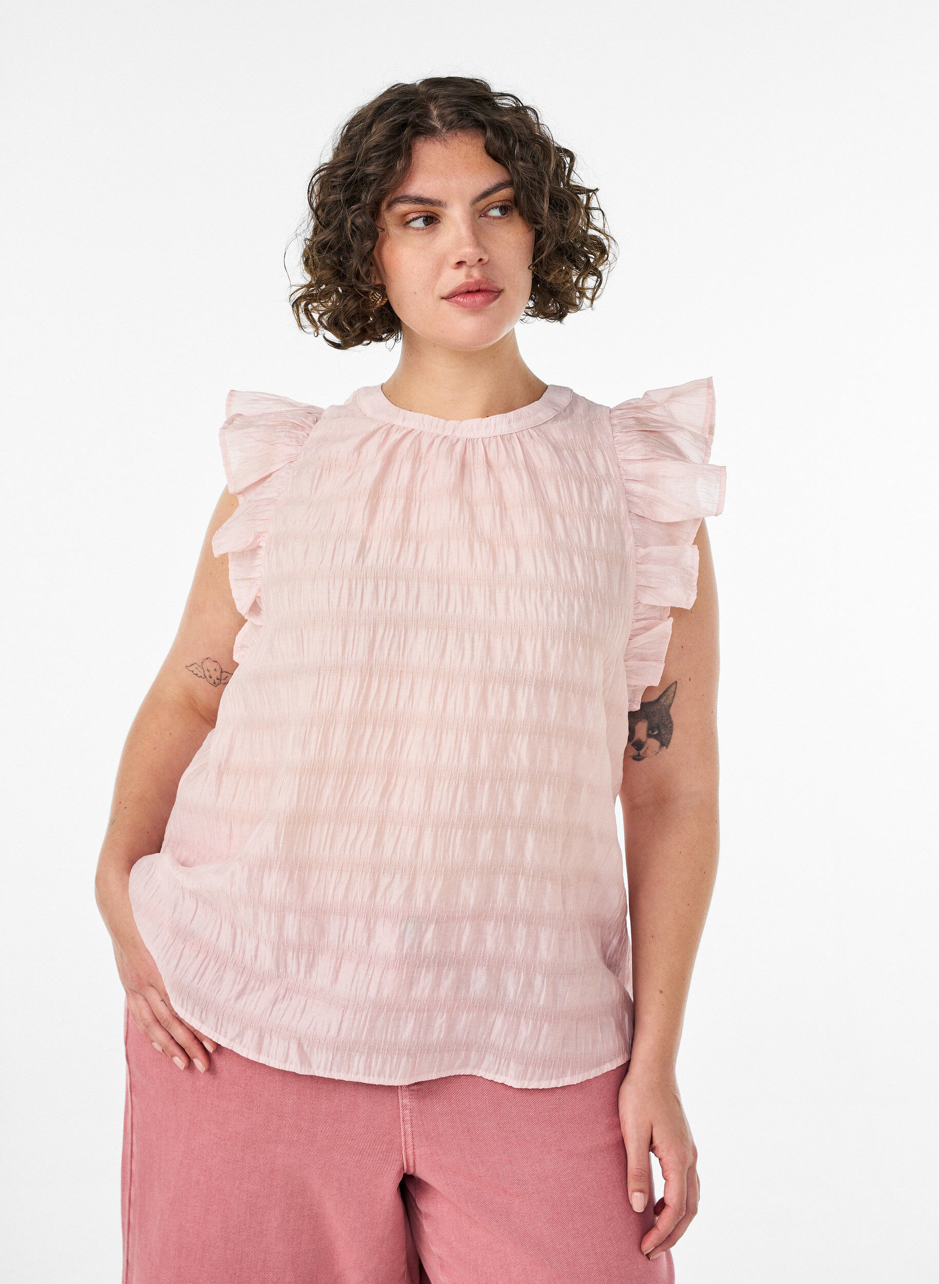 ZizziErmel&oslash;s bluse med tekstur og volanger, Rosa, Model image number 0