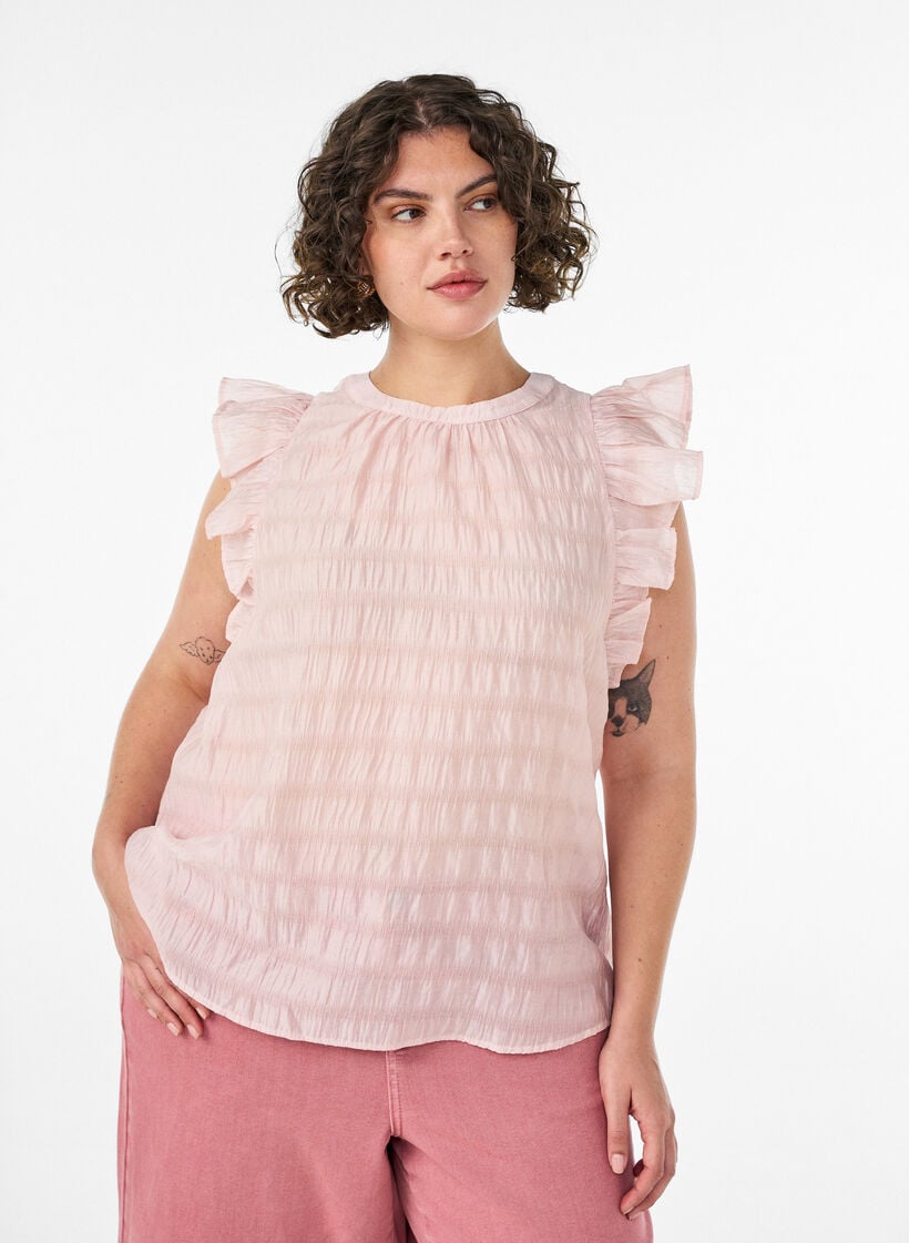 Ermel&oslash;s bluse med tekstur og volanger, Rosa, Model image number 0