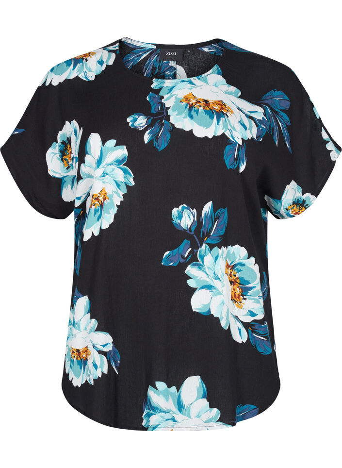 Kortermet viskosebluse med blomstermønster, Black Big Flower, Packshot image number 0