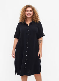 Bomull skjortekjole med korte ermer, Black, Model
