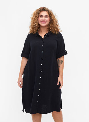 Skjortekjole i bomull med korte ermer, Black, Model image number 0