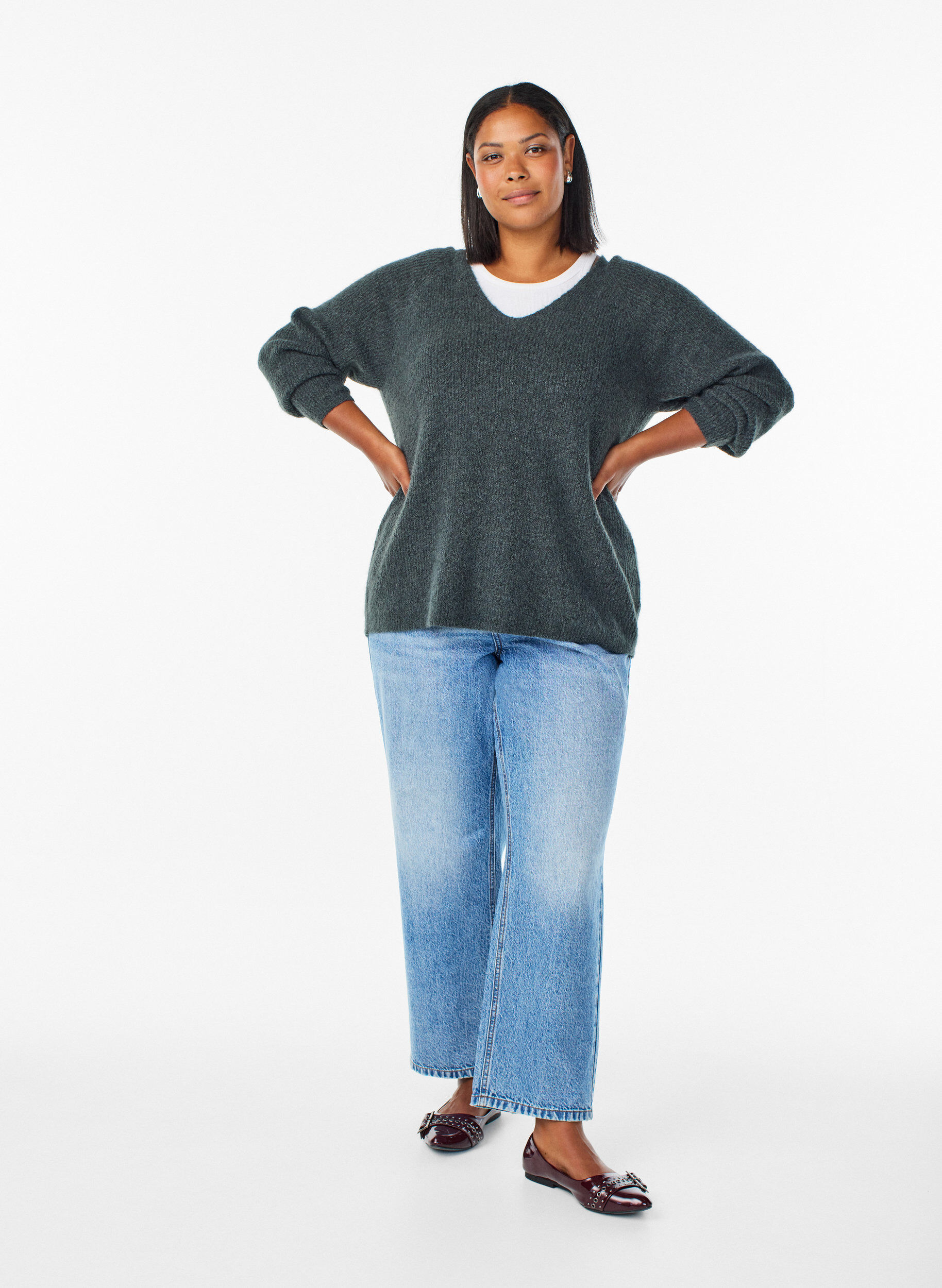 ZizziStrikkebluse med V-hals og raglanermer, Gr&oslash;nn, Model image number 1