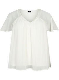 Ensfarget bluse med flaggermusermer og V-hals