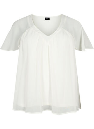 Ensfarget bluse med flaggermusermer og V-hals, Warm Off-white, Packshot image number 0