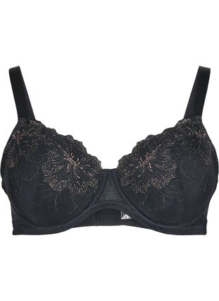 Zizzi Polstret BH med skinnende brodert detalj, Svart, Packshot image number 0
