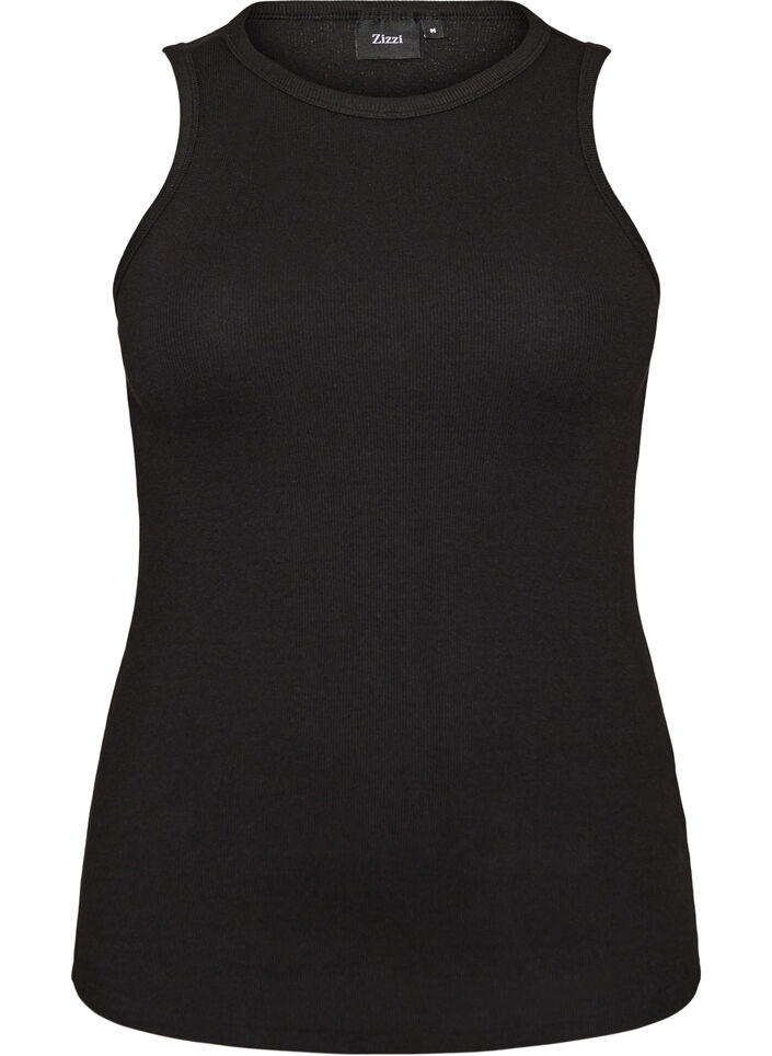 Ribbet topp i bomull med h&oslash;y hals, Svart, Packshot image number 0
