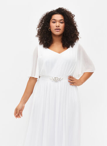 Maxikjole med draperinger og korte ermer, Bright White, Model image number 2
