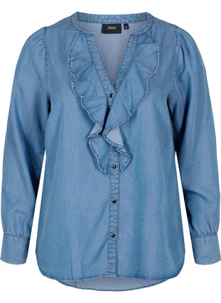 Langermet skjorte med V-hals og volanger, Blue denim, Packshot image number 0