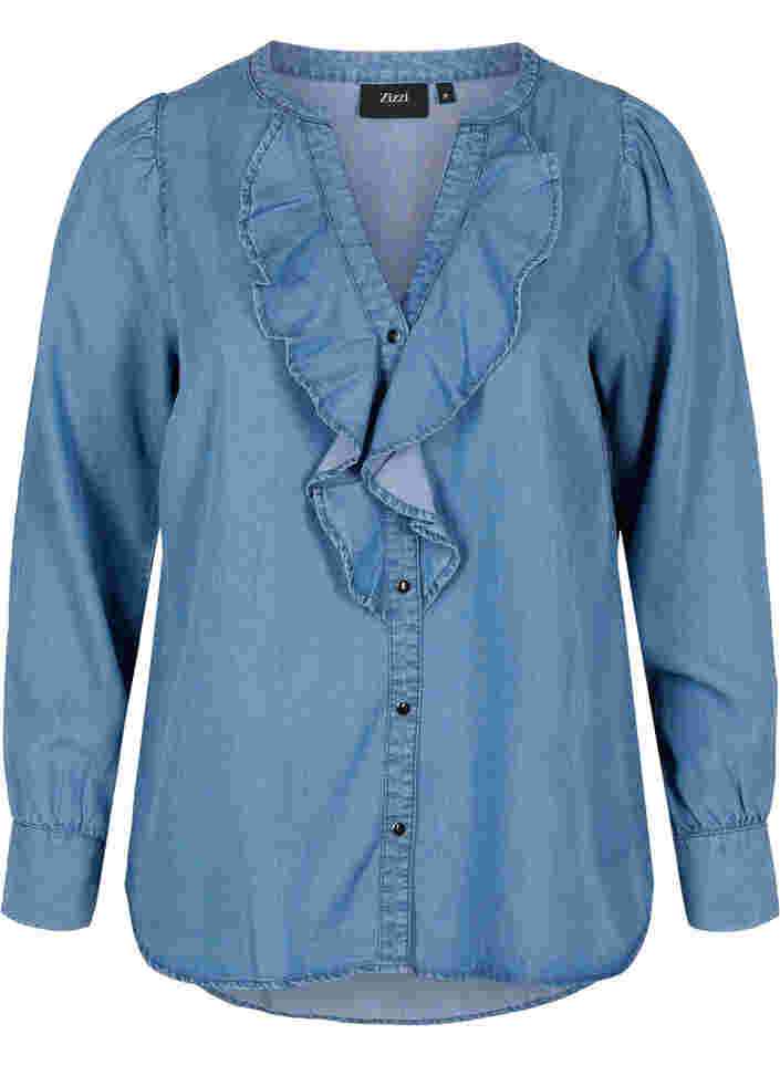 Langermet skjorte med V-hals og volanger, Blue denim