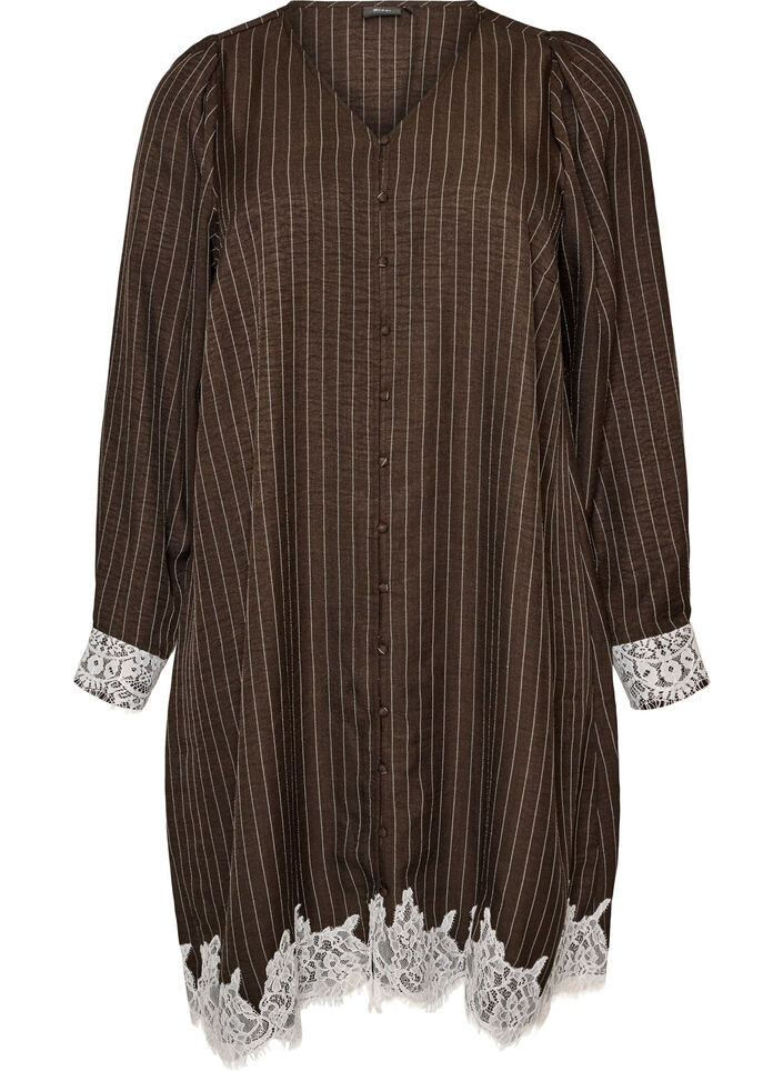 Knelang kjole med n&aring;lestriper og blondedetaljer, Brun, Packshot image number 0