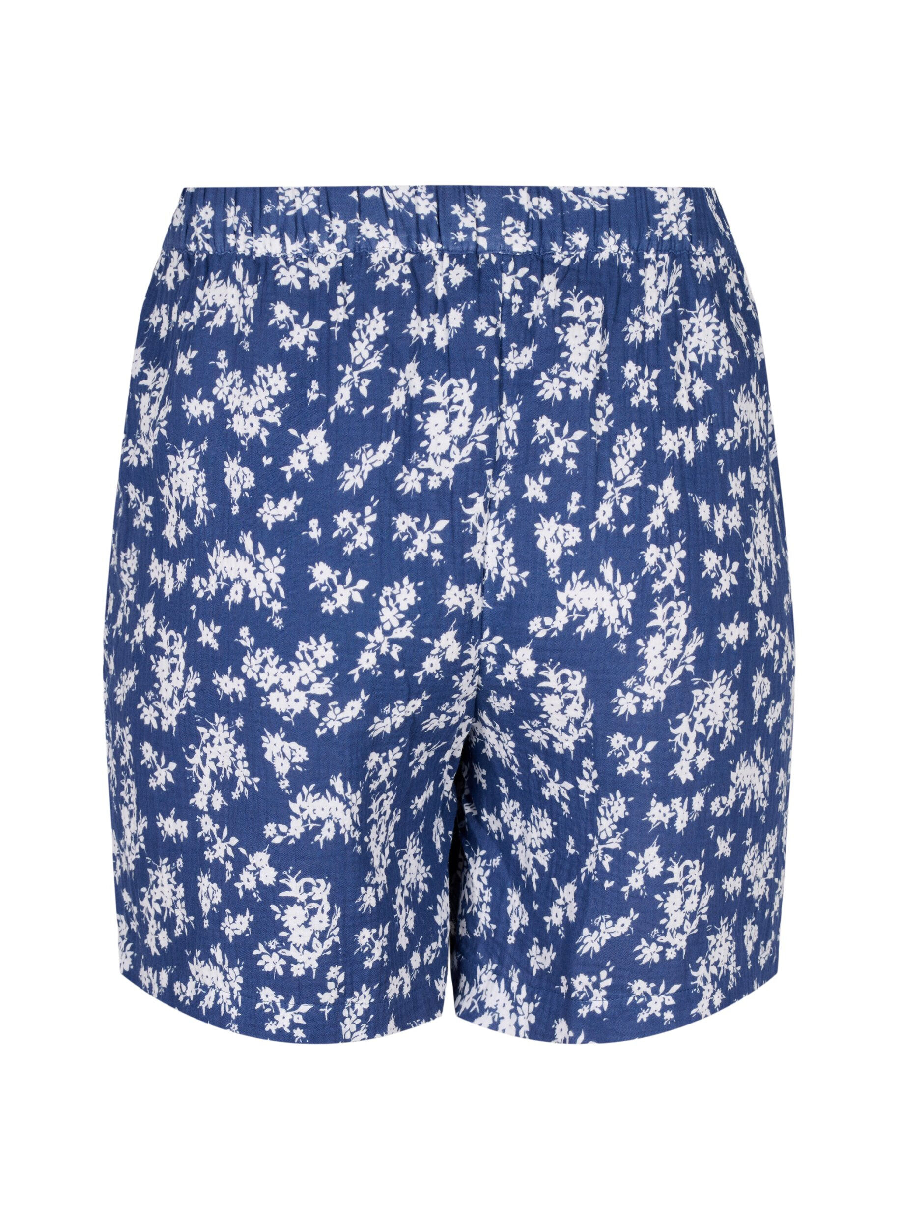 Zizzi Pysjamasshorts i bomull med blomster, V. Indigo Flower AOP, Packshot image number 1