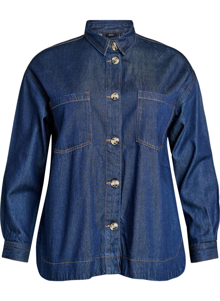 Loose fit denimskjorte med brystlommer, Blå, Packshot image number 0