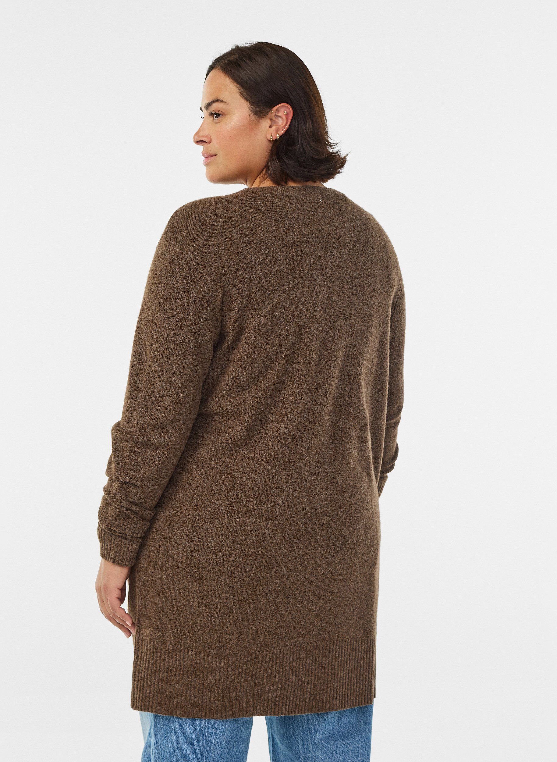 ZizziRibbestrikket cardigan med lommer, Brun, Model image number 2