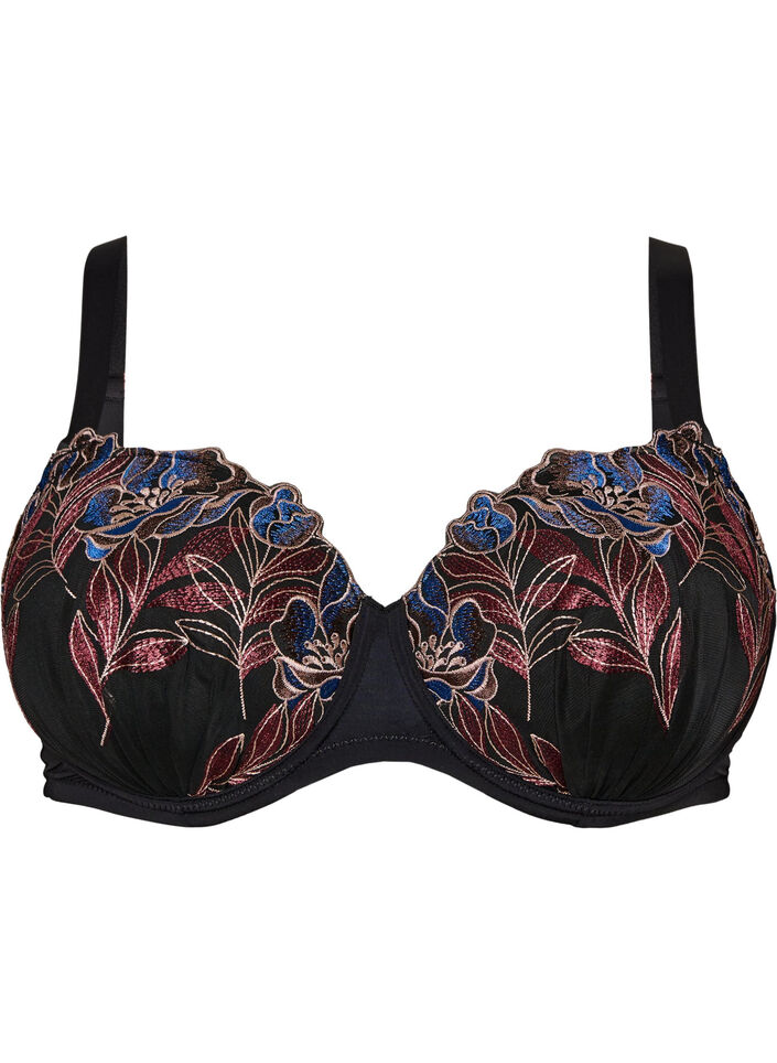 Formet BH med blomsterbroderi, Svart, Packshot image number 0