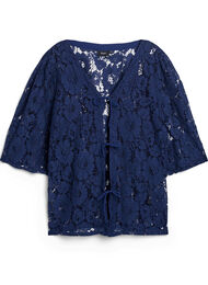 Bluse med blonder, 3/4 ermer og sløyfer foran, Black Iris