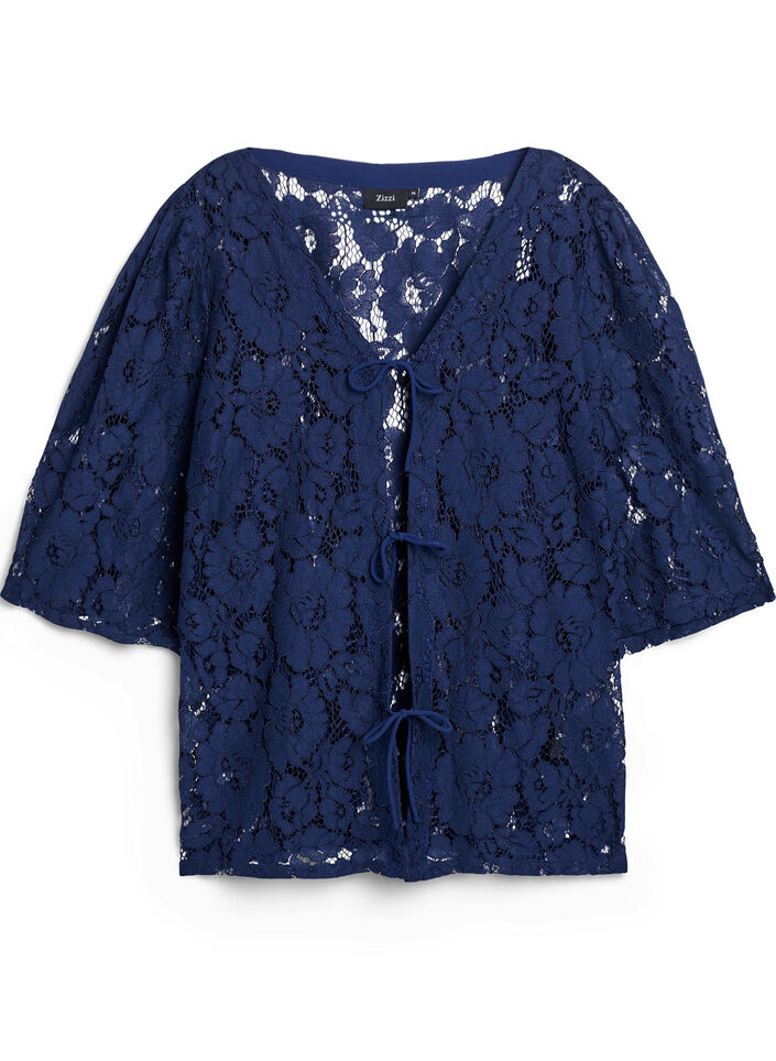 Bluse med blonder, 3/4 ermer og sløyfer foran, Black Iris, Packshot