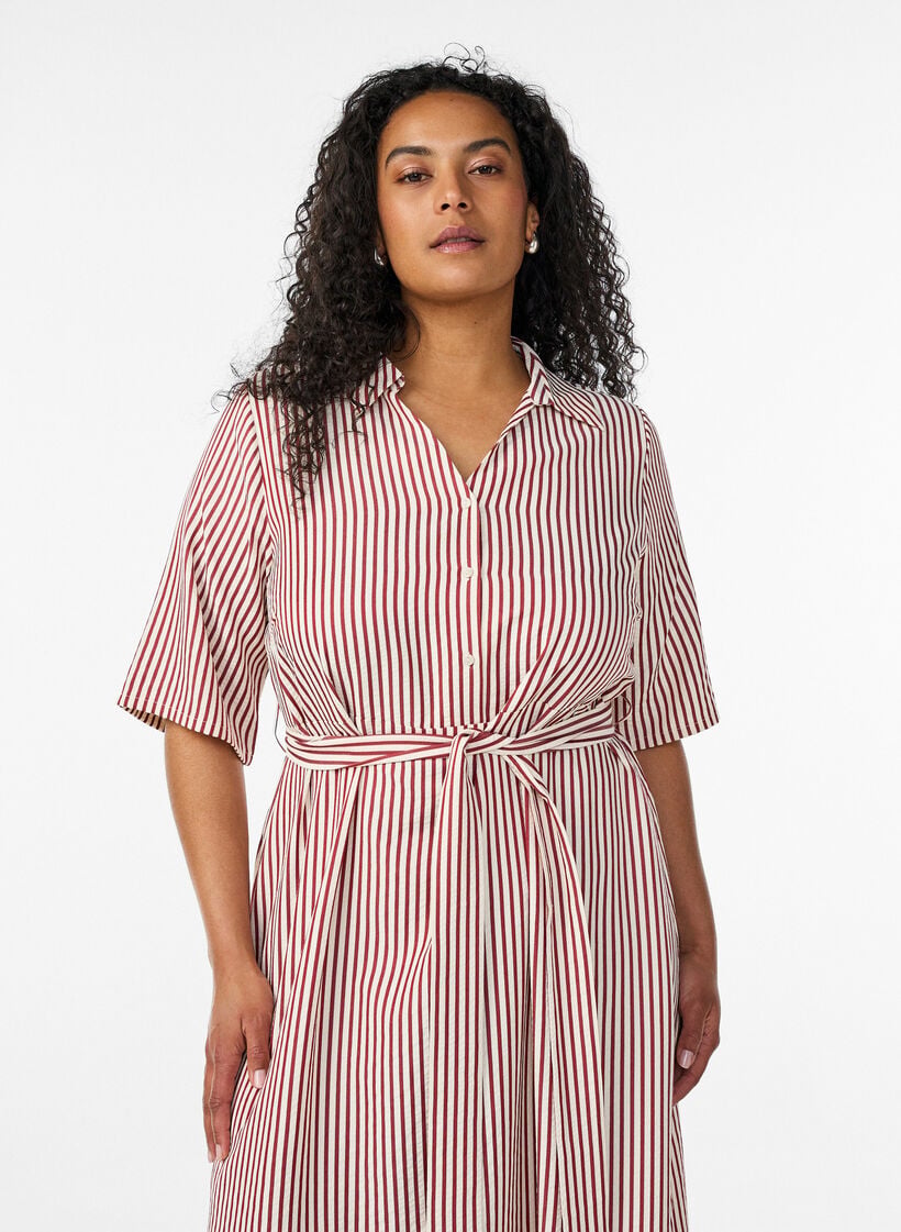 Skjortekjole i ankellengde med bindebelte og striper, R&oslash;d, Model image number 2