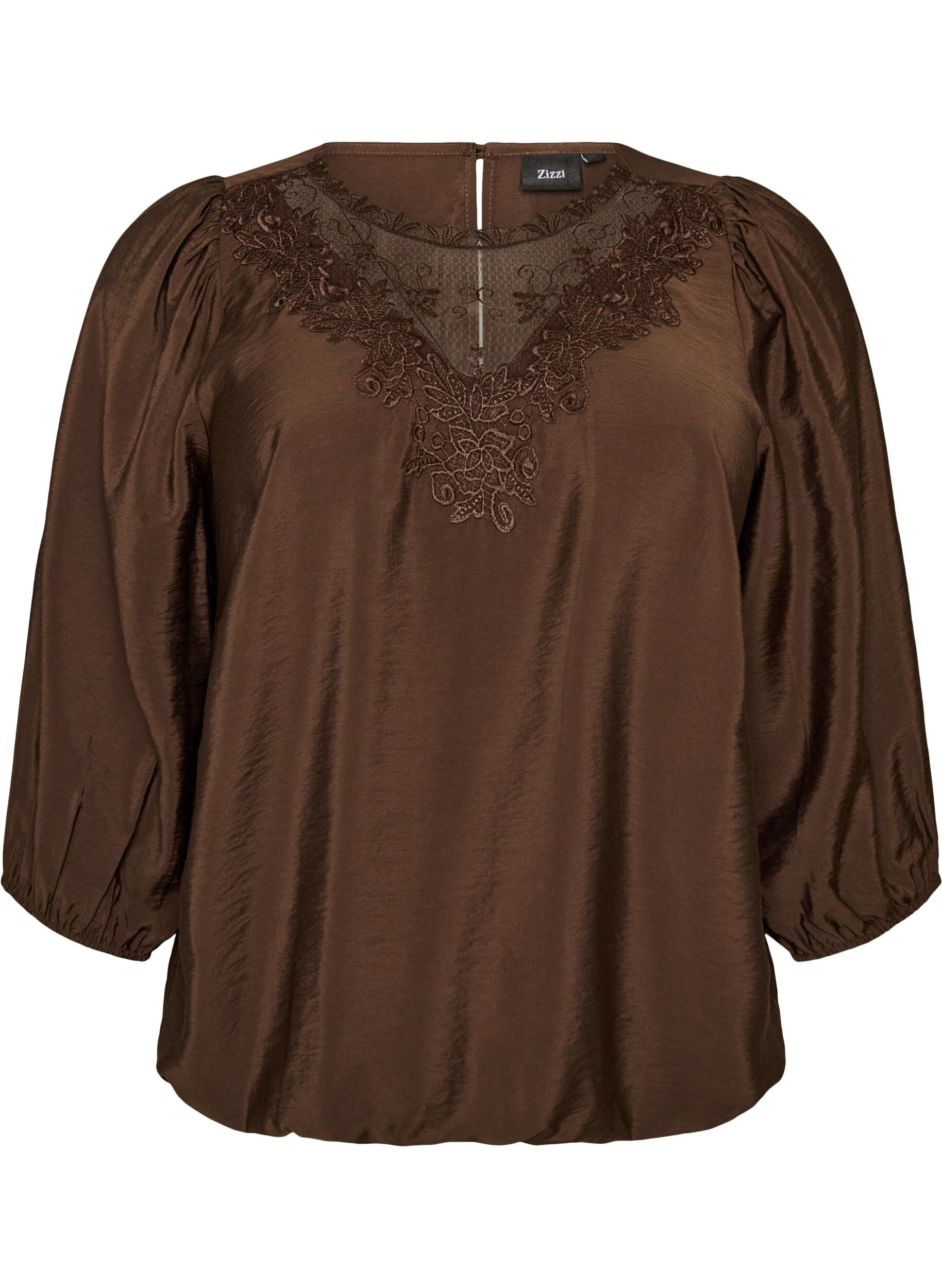 ZizziBluse med 3/4 ermer og blondedetaljer, Brun, Packshot image number 0