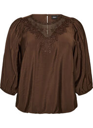 Bluse med 3/4 ermer og blondedetaljer, Brun