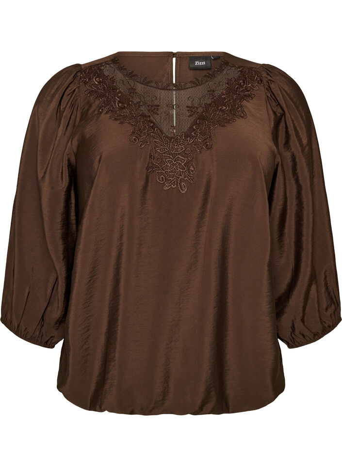 Bluse med 3/4 ermer og blondedetaljer, Brun, Packshot image number 0