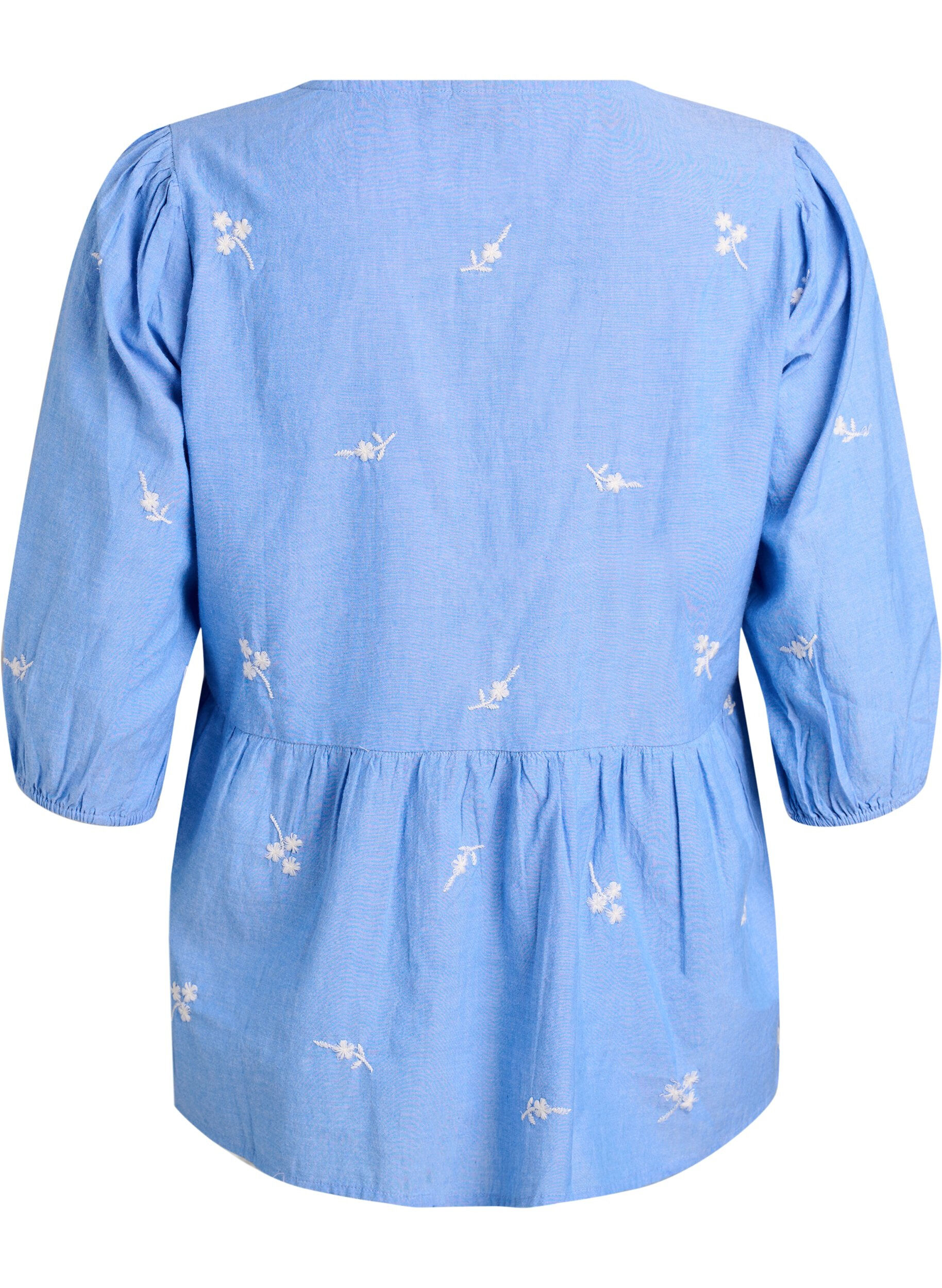 ZizziBluse i bomull med broderte blomster og knappelukking, Bl&aring;, Packshot image number 1