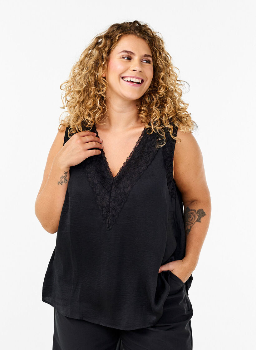 Ermeløs topp med blonder, Svart, Model image number 0