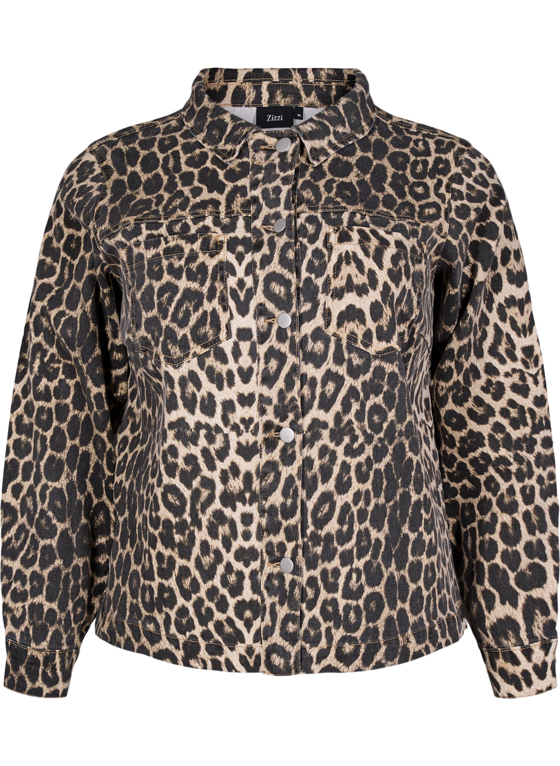 Zizzi Denimjakke med leopardm&oslash;nster og brystlommer, Brun, Packshot image number 0