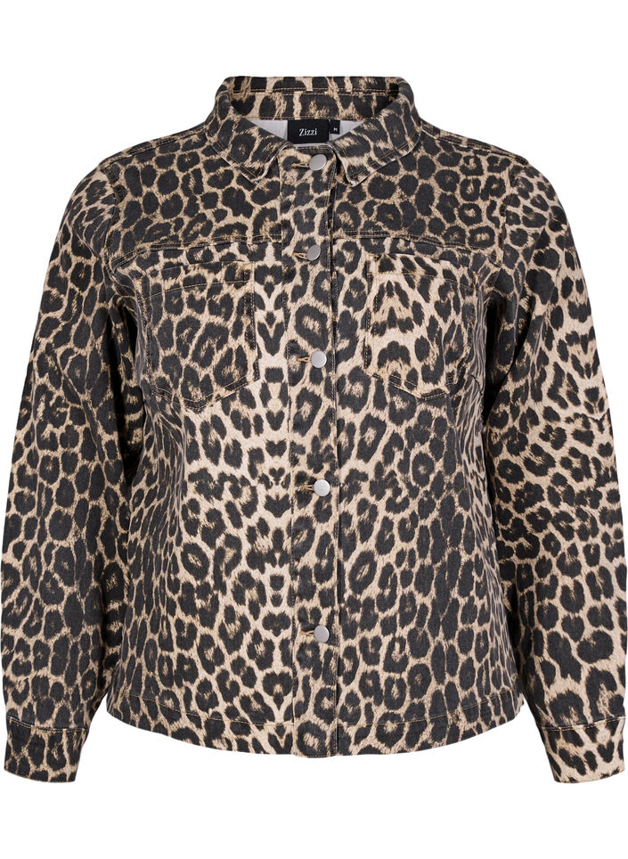 Denimjakke med leopardmønster og brystlommer, Brun, Packshot image number 0