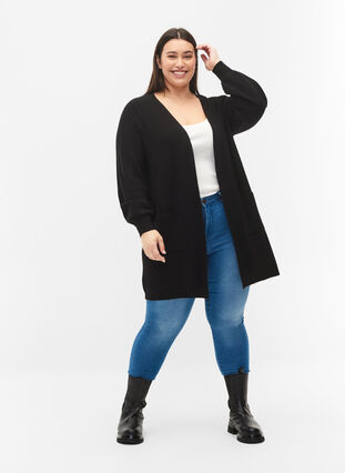 Lang strikket cardigan med ballongermer, Black, Model image number 2