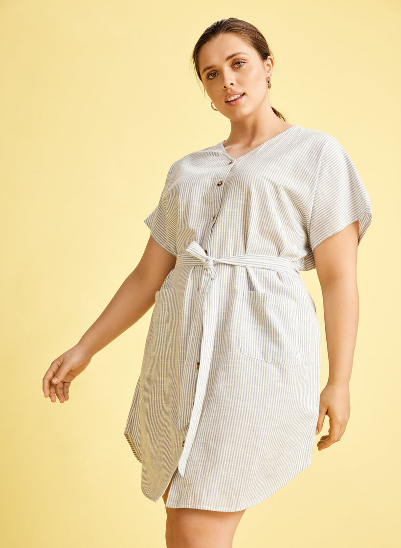 Stripete skjortekjole i bomull med lommer, Country Blue Stripe, Image image number 0