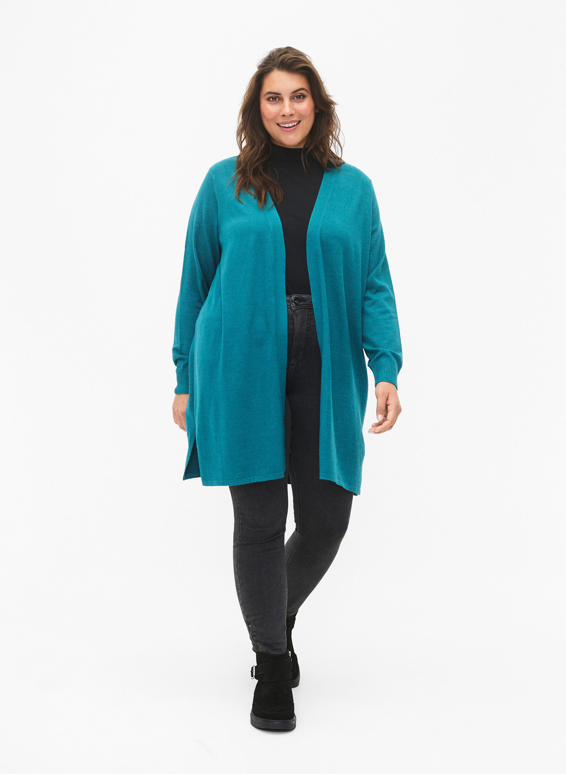 Zizzi Strikket cardigan med splitt og ribbekanter, Deep Lake Mel. , Model image number 2