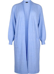 Lang strikket cardigan med lommer, Cornflower Blue Mel.