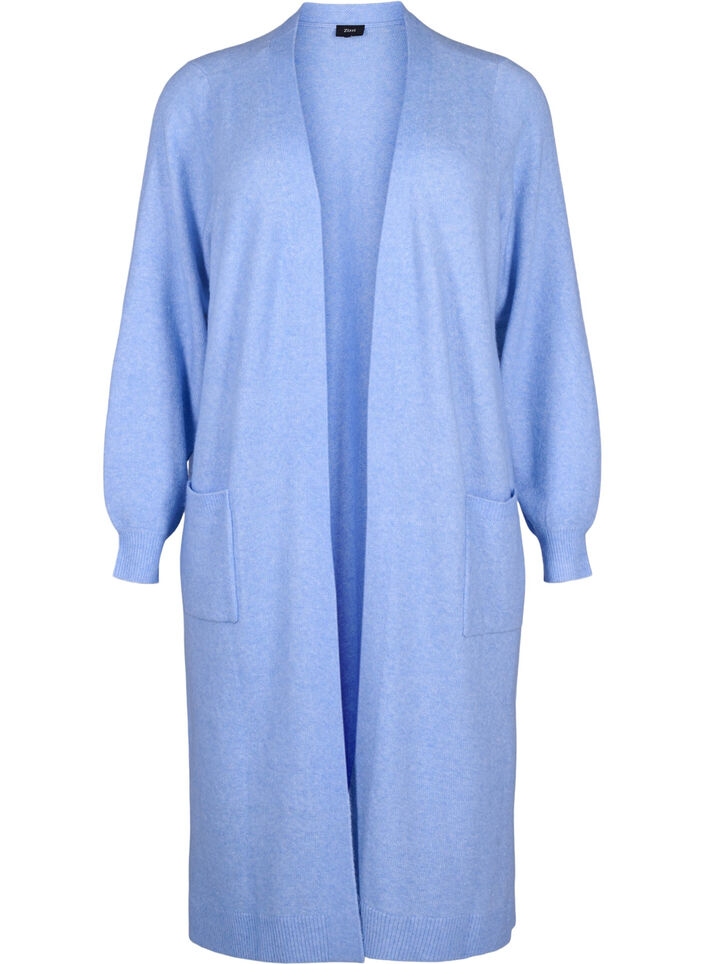 Lang strikket cardigan med lommer, Cornflower Blue Mel., Packshot image number 0