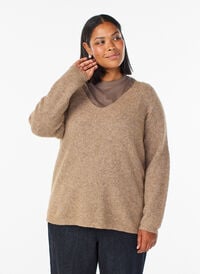 Strikkebluse med V-hals og raglanermer, Brun Strikkebluse med V-hals og raglanermer, Brun, Model