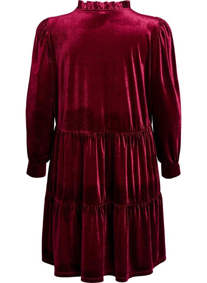 Kort velourkjole med volangkrage og lange ermer, Rød, Packshot image number 1