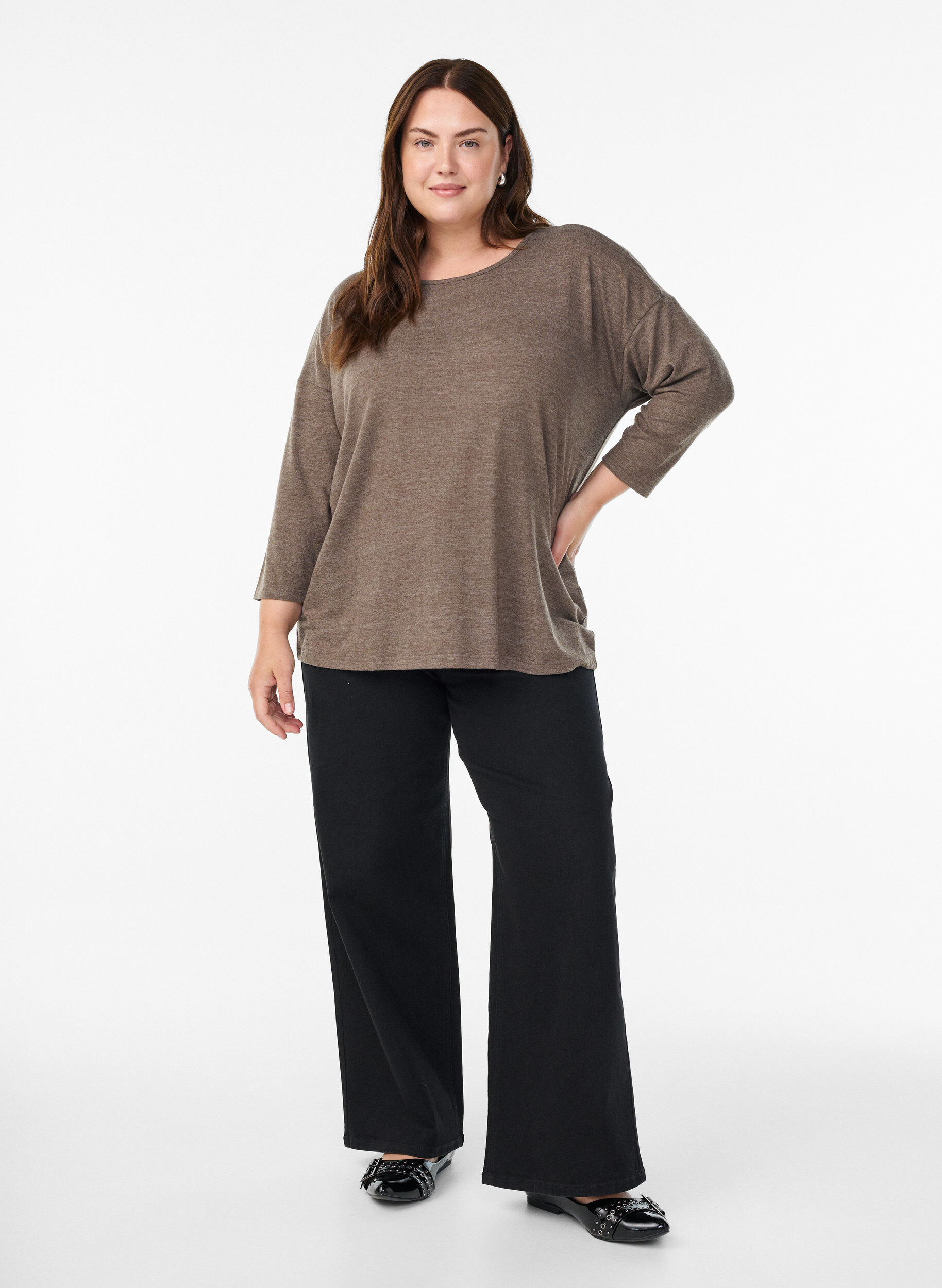 ZizziJersey bluse med 3/4 ermer, Brun, Model image number 1