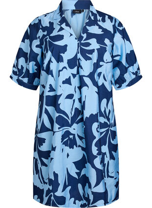 Zizzi Knelang kjole med trykk og V-hals, Blå, Packshot image number 0