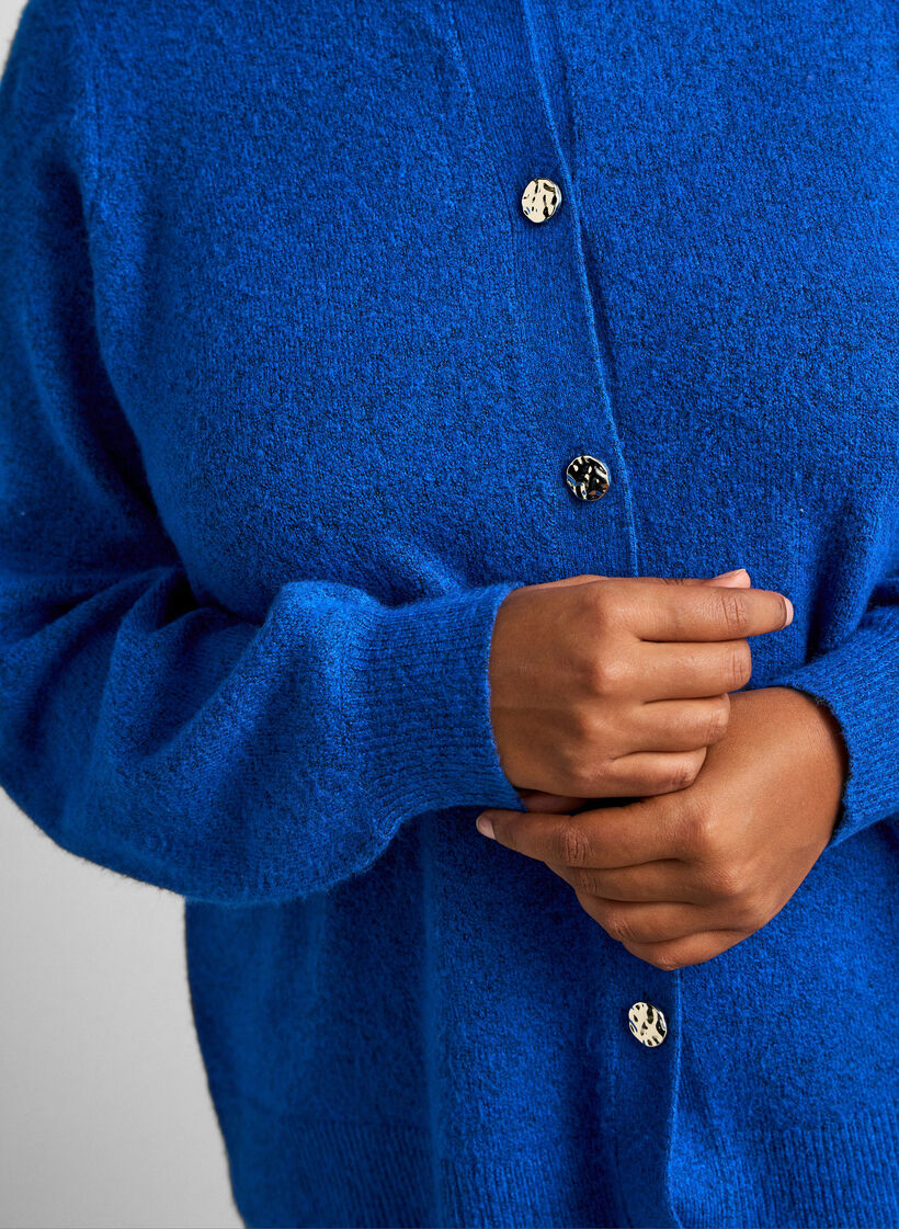 Cardigan i myk strikk med gullfargede knapper, Turkis, Model image number 3