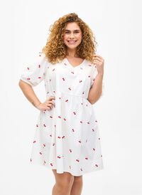 Kjole med kirsebærtrykk og A-lineskåret passform, B. White/Cherry, Model
