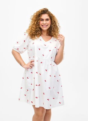 Kjole med kirsebærtrykk og A-lineskåret passform, B. White/Cherry, Model image number 0