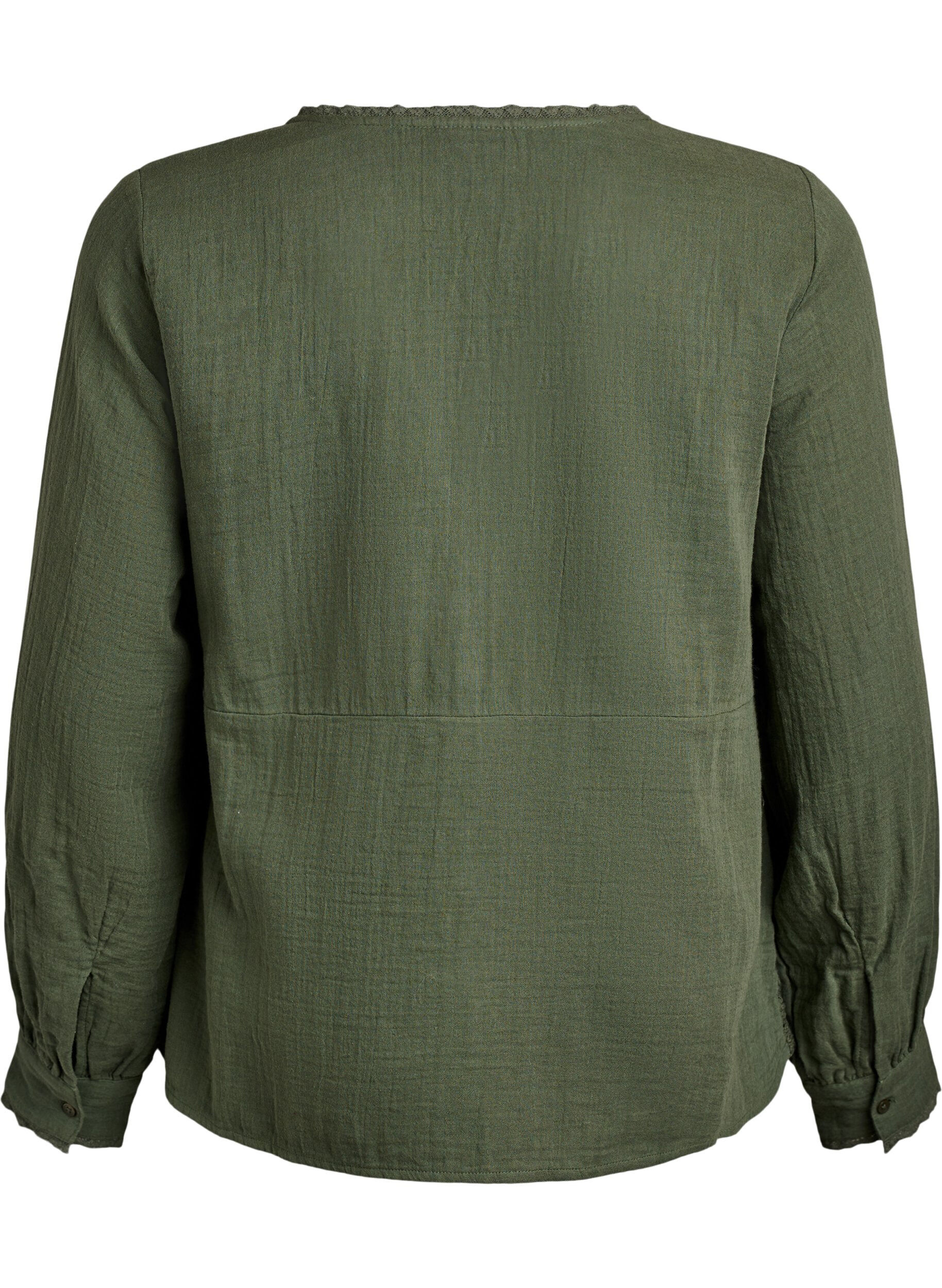 Zizzi Bomullsskjorte med heklede detaljer, Gr&oslash;nn, Packshot image number 1