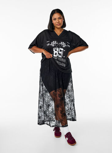 Zizzi Langt skjørt i gjennomsiktige blonder, Black, Model image number 0